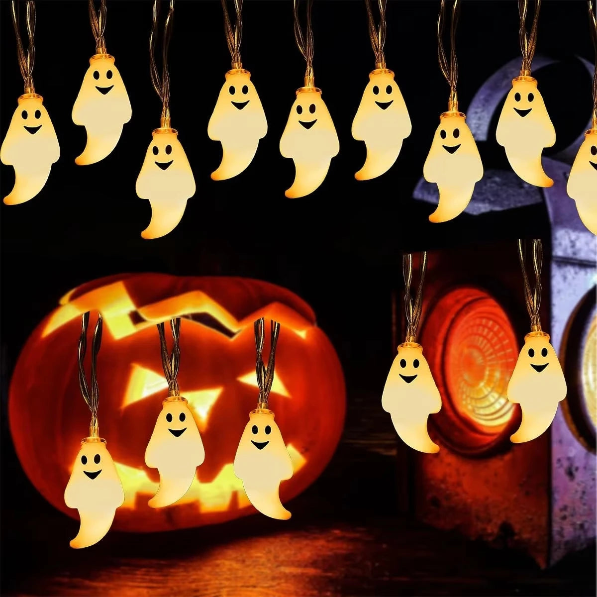 Halloween LED Ghost String Lights Battery Powered Decorative Fairy Lamp Indoor Outdoor Lighting for Haunted House Party Home